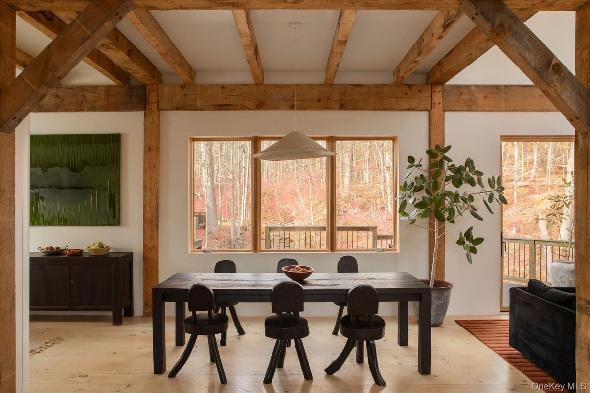 Dining room, Interior, Pendant Lights, Wooden Beams, Wood Texture Flooring