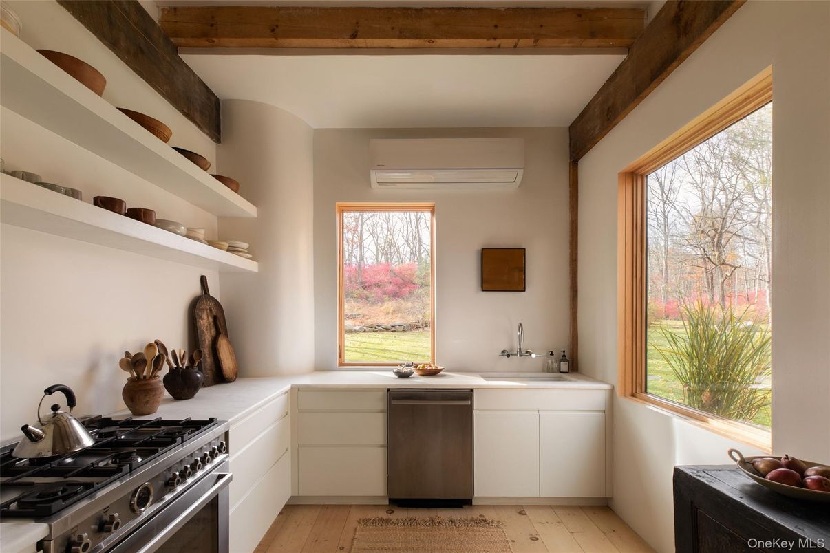 Interior, Kitchen, Stainless Steel Appliances, Wooden Beams, Wood Texture Flooring