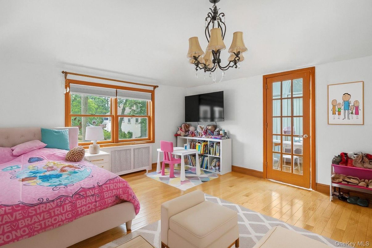 Bedroom, Chandelier, Interior, Wood Texture Flooring