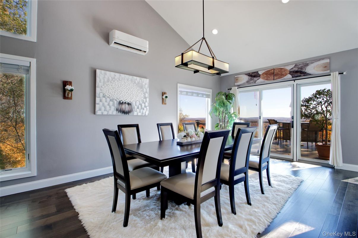 Dining room, Interior, Pendant Lights, Recessed Lighting, Wood Texture Flooring