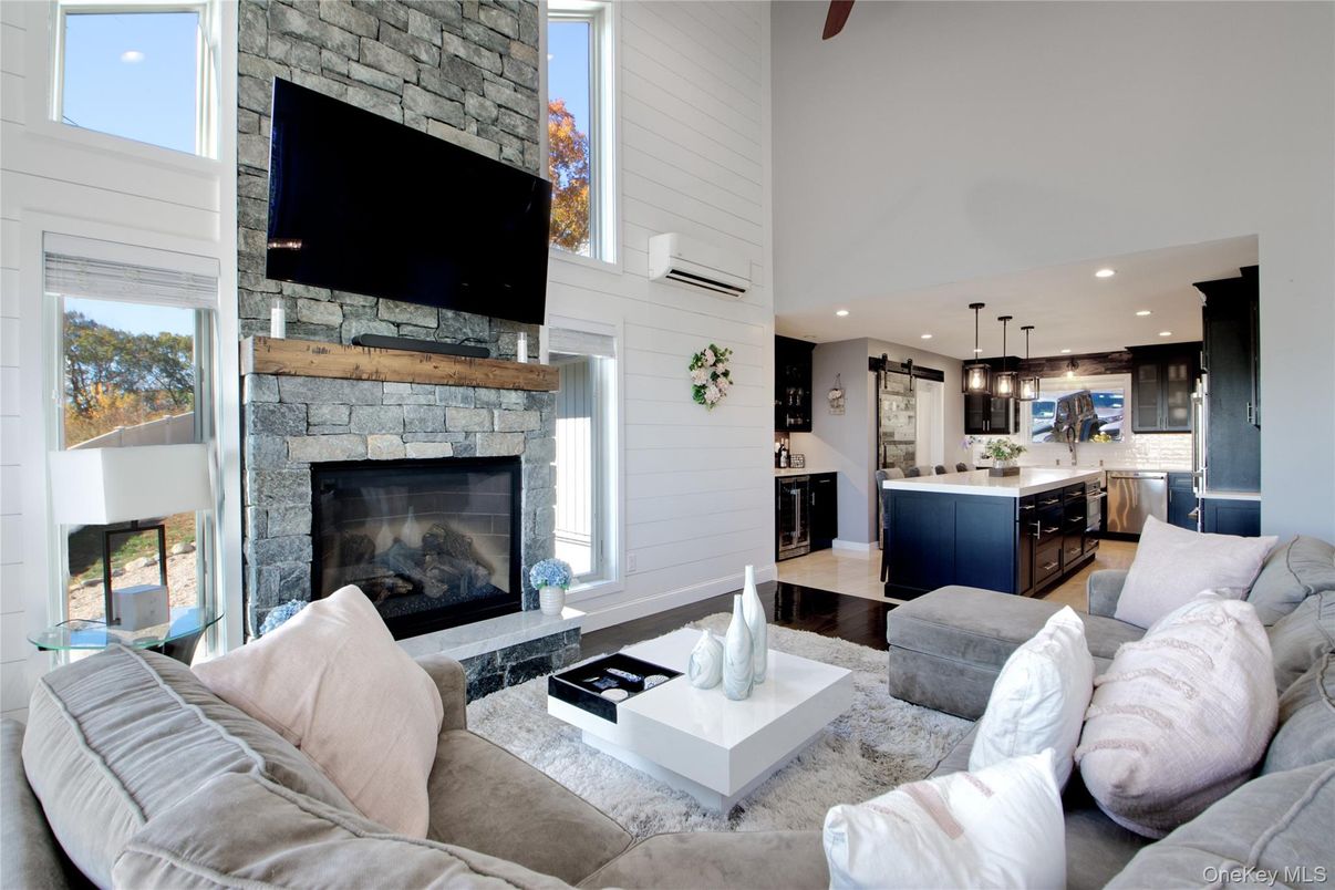 Fireplace, Interior, Kitchen, Living room, Pendant Lights, Recessed Lighting, Stone Walls