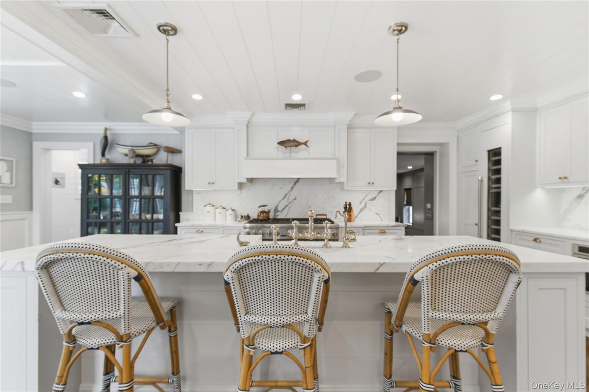 Interior, Kitchen, Marble Walls, Pendant Lights, Recessed Lighting