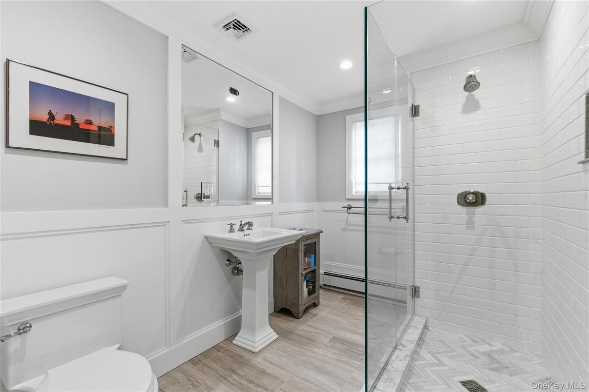 Bathroom, Glass Shower, Interior, Recessed Lighting, Wood Texture Flooring