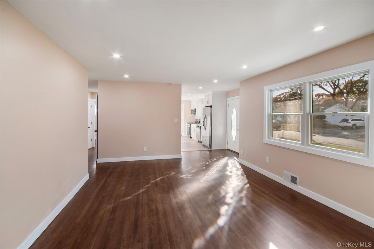 Empty room, Interior, Kitchen, Recessed Lighting, Wood Texture Flooring