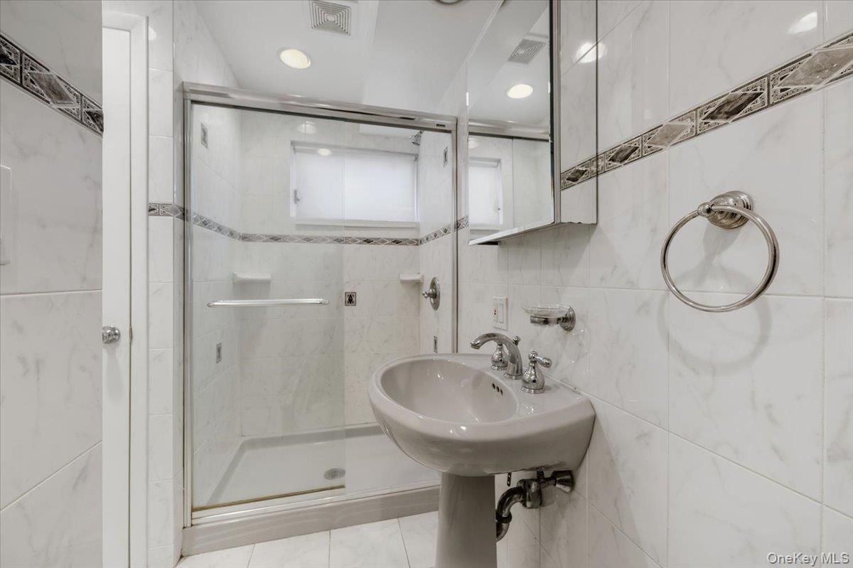 Bathroom, Glass Shower, Interior, Marble Walls, Recessed Lighting