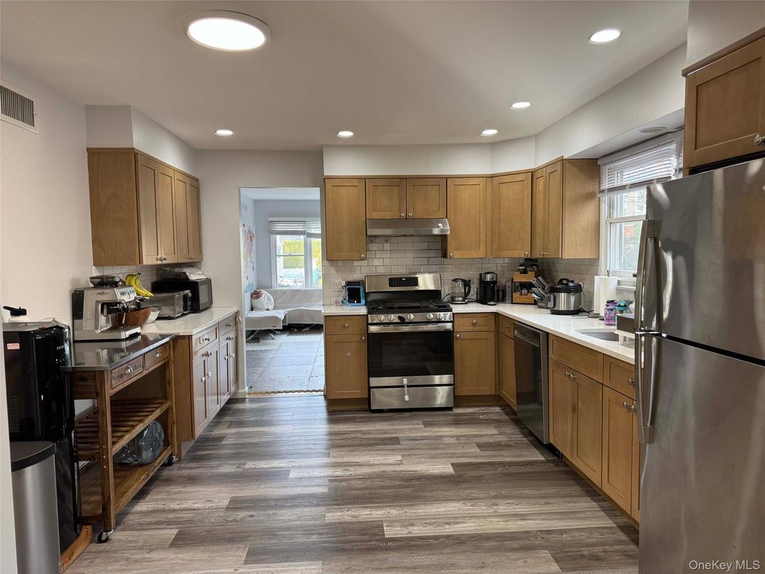 Interior, Kitchen, Recessed Lighting, Stainless Steel Appliances, Wood Texture Flooring