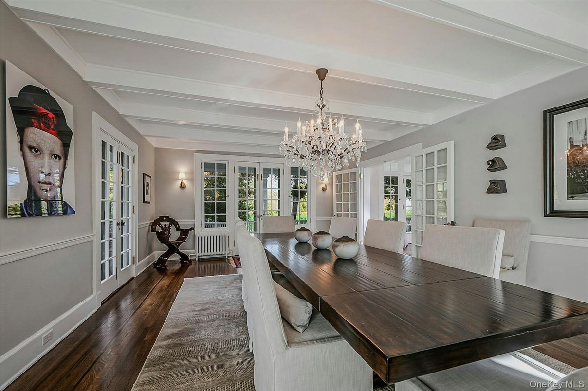 Chandelier, Dining room, Interior, Wood Texture Flooring