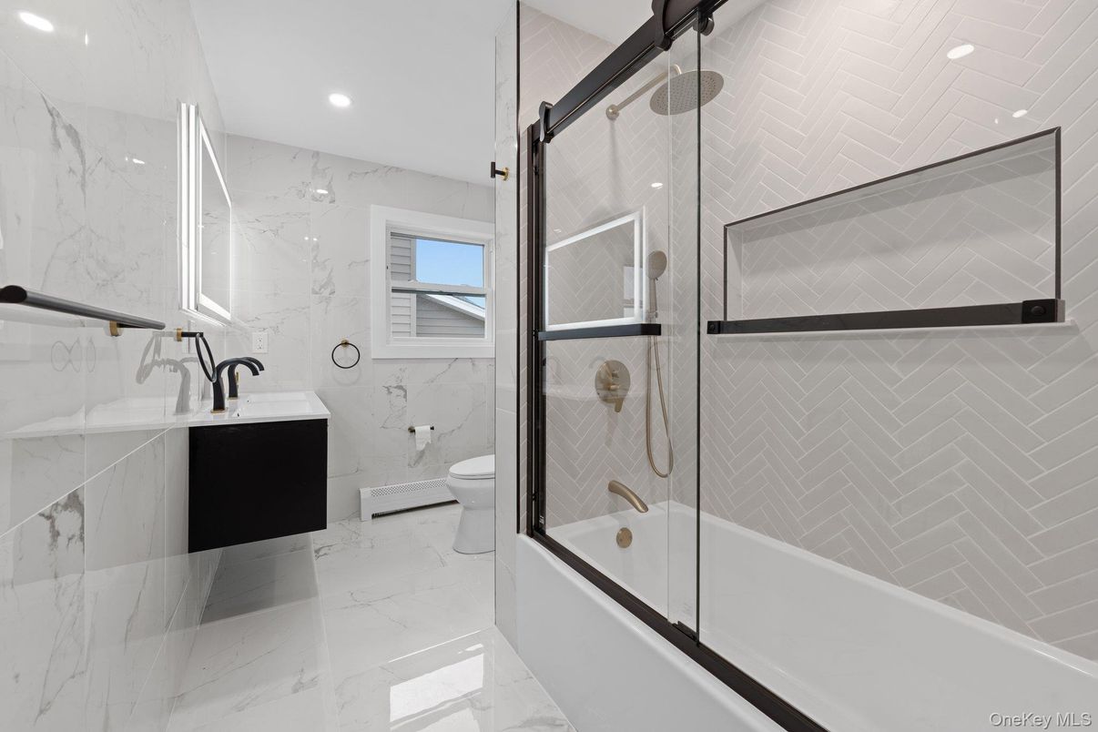 Bathroom, Glass Shower, Interior, Marble, Marble Walls, Recessed Lighting