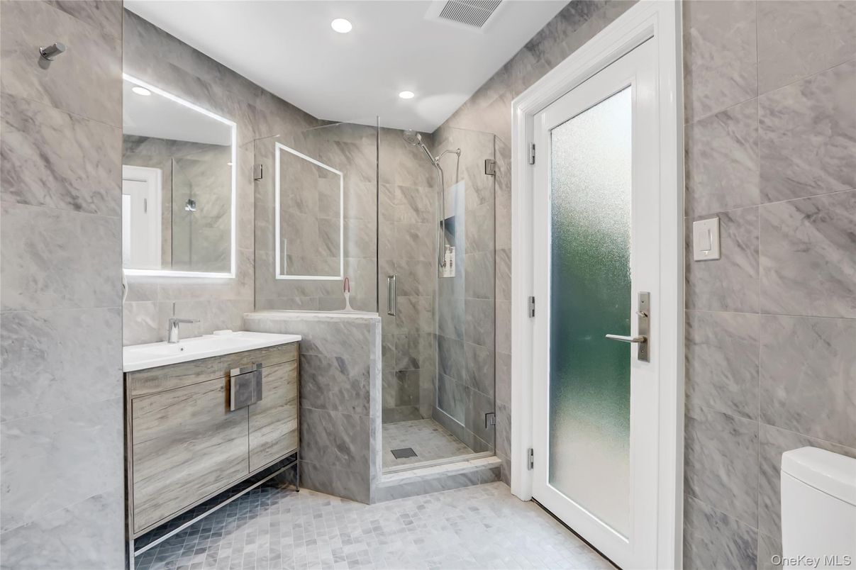 Bathroom, Glass Shower, Interior, Marble Walls, Recessed Lighting