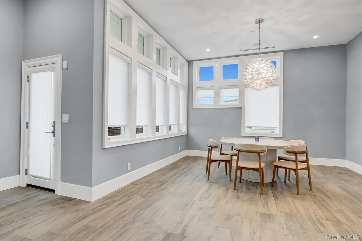 Dining room, Interior, Pendant Lights, Recessed Lighting, Wood Texture Flooring