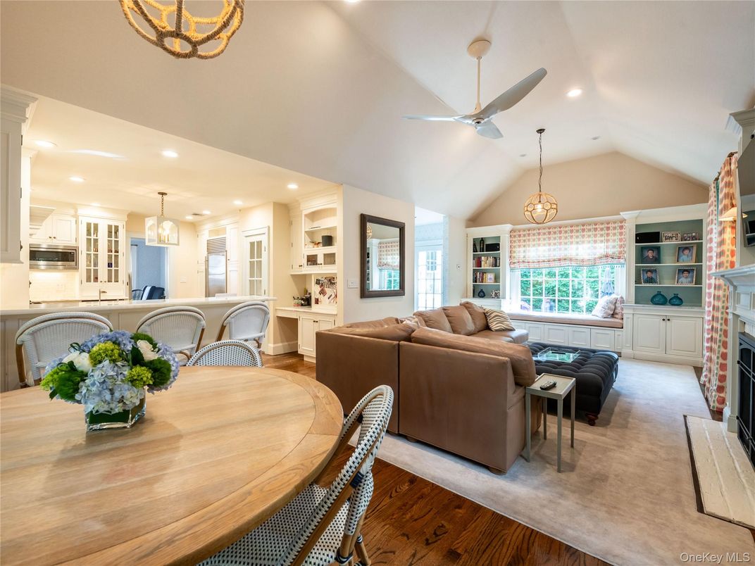 Dining room, Fireplace, Interior, Kitchen, Living room, Pendant Lights, Recessed Lighting, Wood Texture Flooring