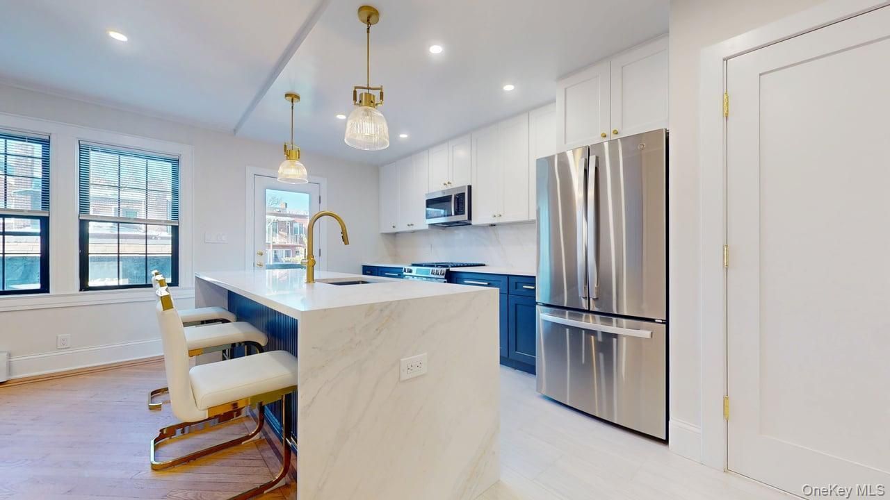 Interior, Kitchen, Pendant Lights, Recessed Lighting, Stainless Steel Appliances, Water, Wood Texture Flooring
