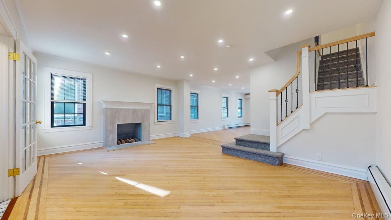 Empty room, Fireplace, Interior, Recessed Lighting, Wood Texture Flooring