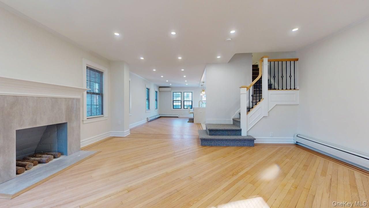 Empty room, Fireplace, Interior, Recessed Lighting, Wood Texture Flooring