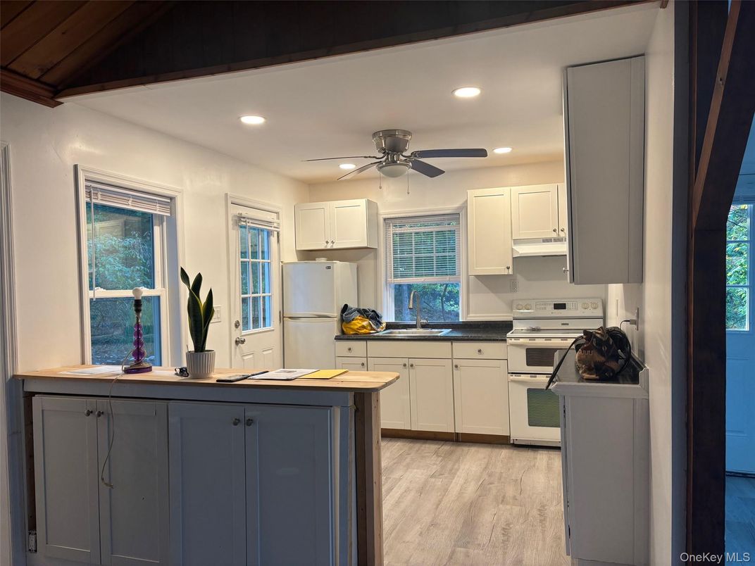 Interior, Kitchen, Recessed Lighting, Stainless Steel Appliances, Wooden Beams, Wood Texture Flooring