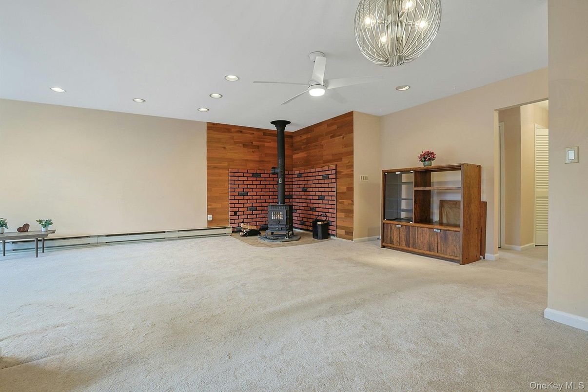 Empty room, Fireplace, Interior, Recessed Lighting, Wooden Walls
