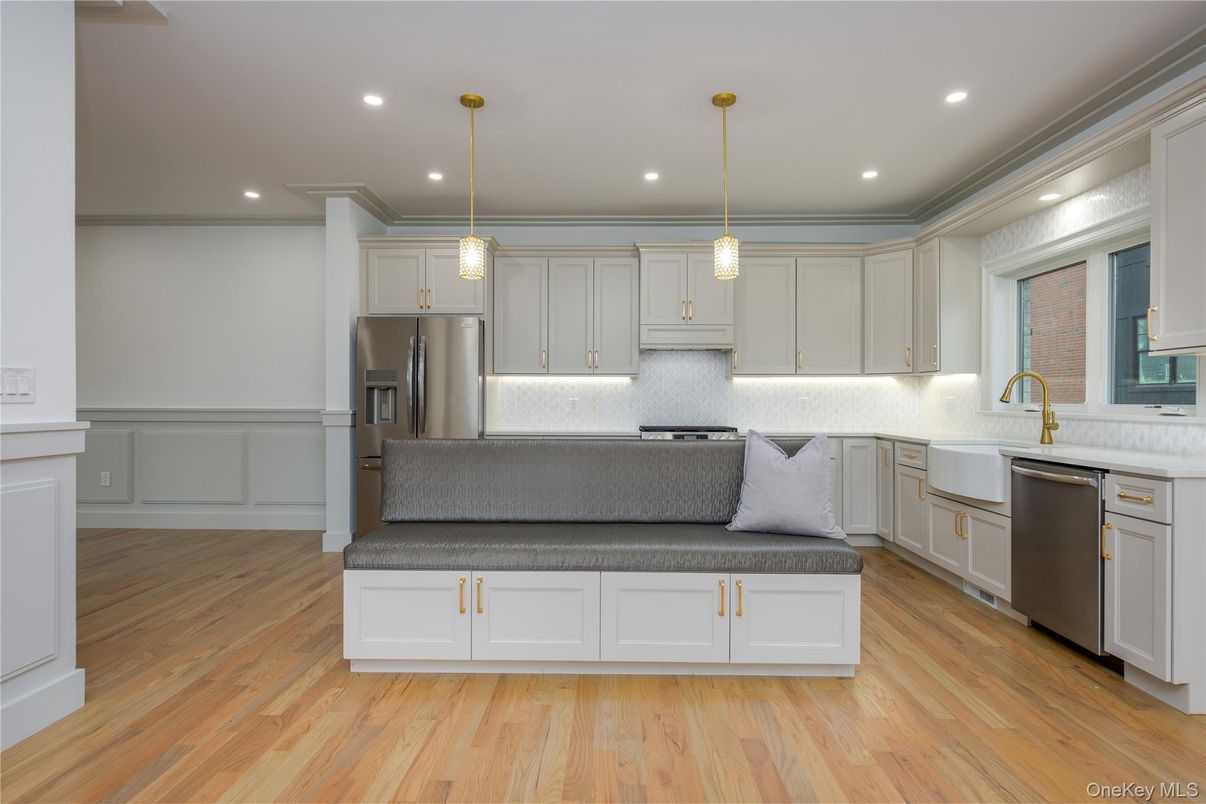Interior, Kitchen, Pendant Lights, Recessed Lighting, Stainless Steel Appliances, Wood Texture Flooring