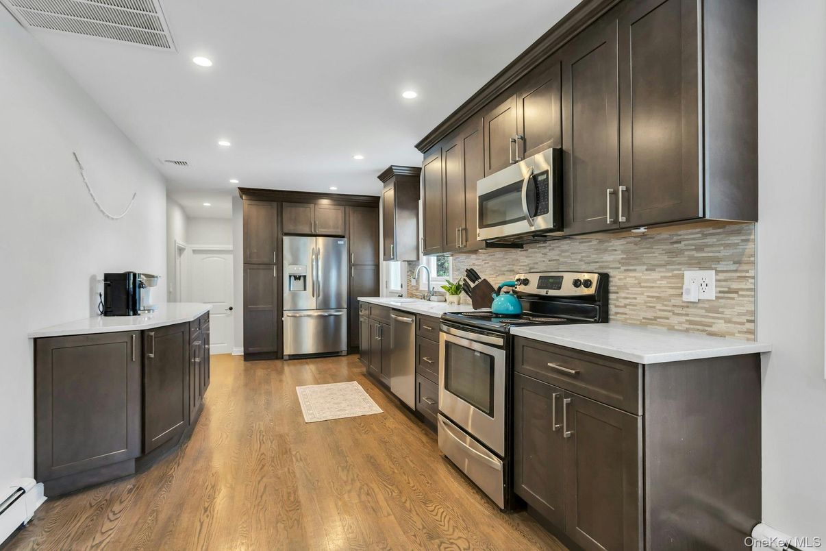 Interior, Kitchen, Recessed Lighting, Stainless Steel Appliances, Wood Texture Flooring