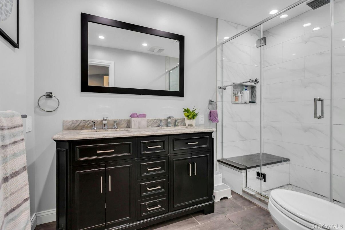 Bathroom, Glass Shower, Interior, Marble Walls, Recessed Lighting