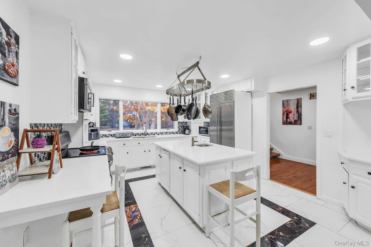 Interior, Kitchen, Marble, Recessed Lighting, Stainless Steel Appliances, Wood Texture Flooring