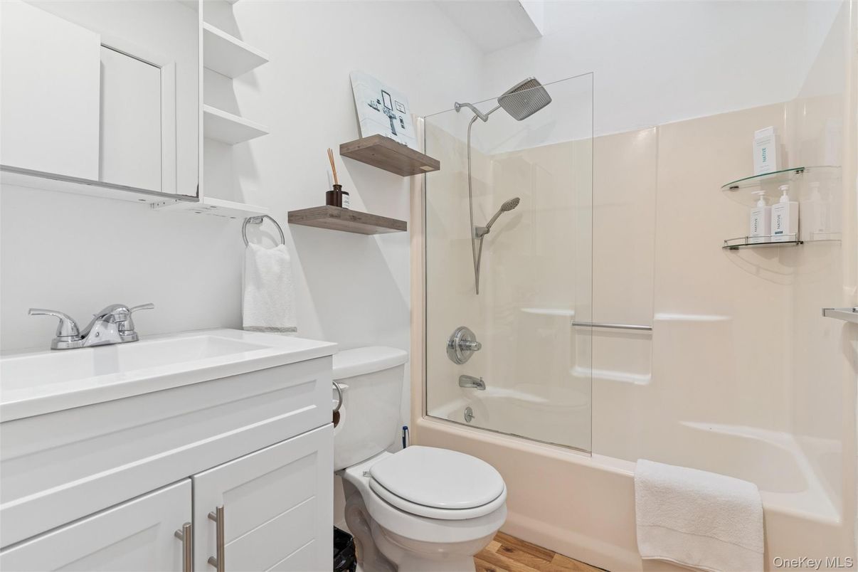 Bathroom, Glass Shower, Interior, Wood Texture Flooring