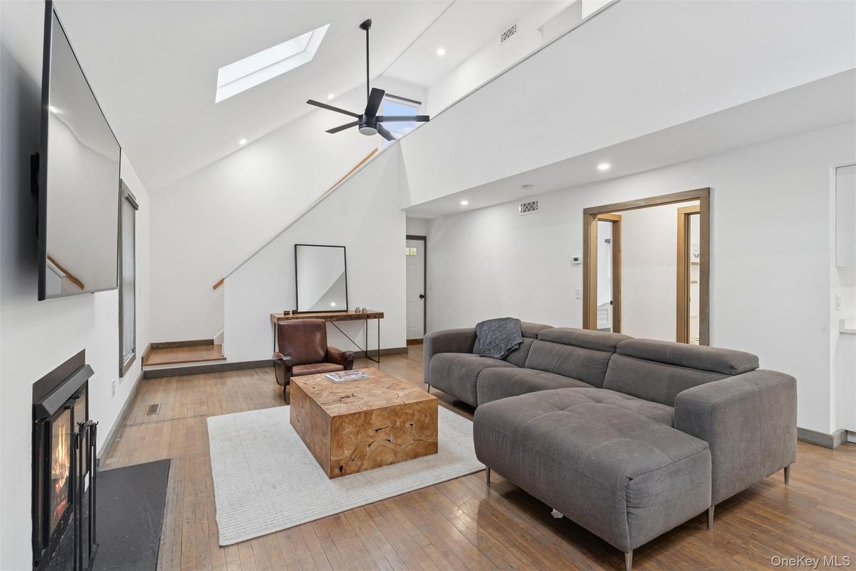 Fireplace, Interior, Living room, Recessed Lighting, Wood Texture Flooring