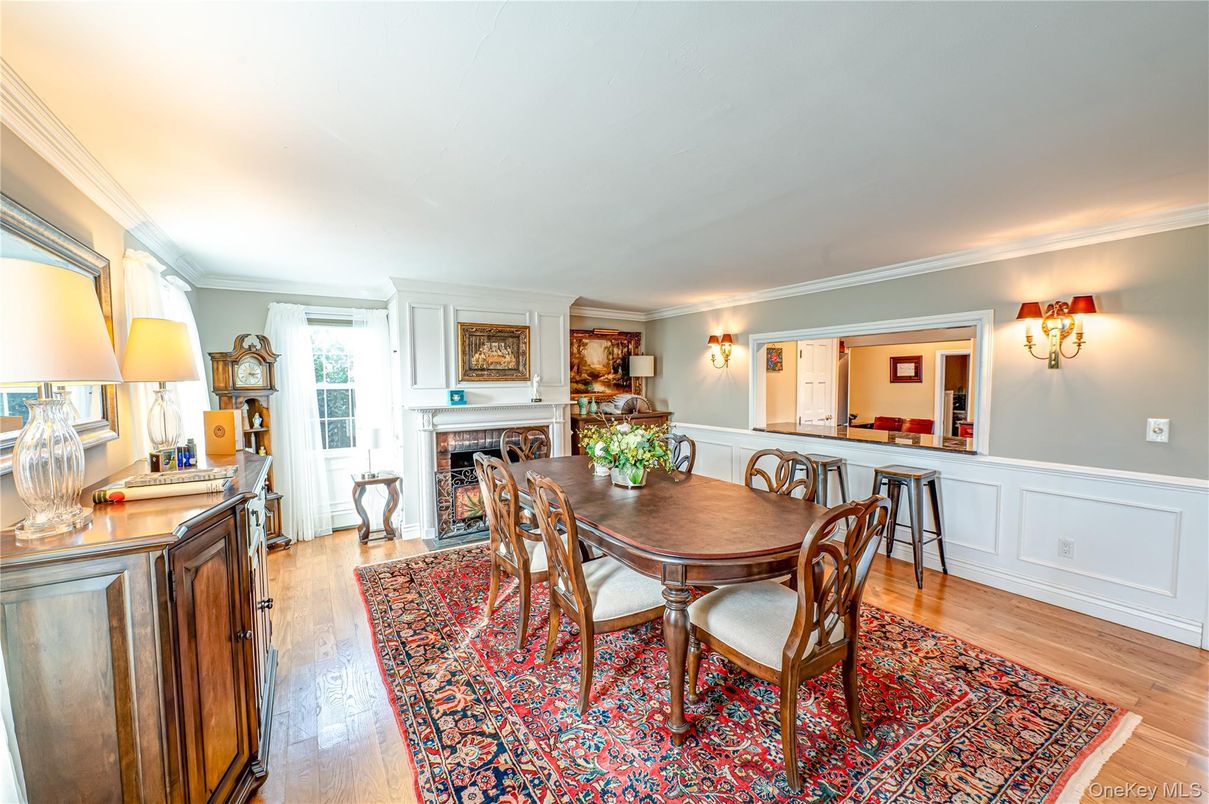 Dining room, Fireplace, Interior, Wood Texture Flooring
