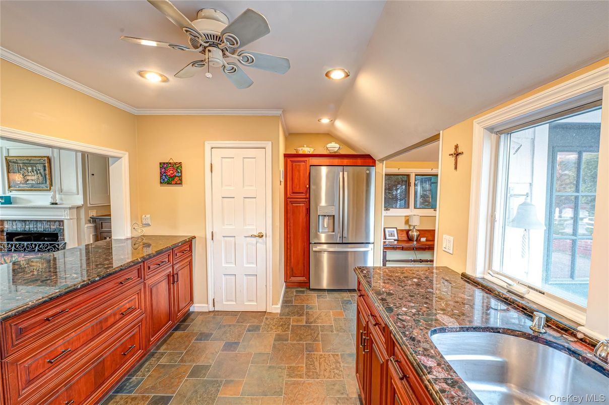 Fireplace, Interior, Kitchen, Recessed Lighting, Stainless Steel Appliances