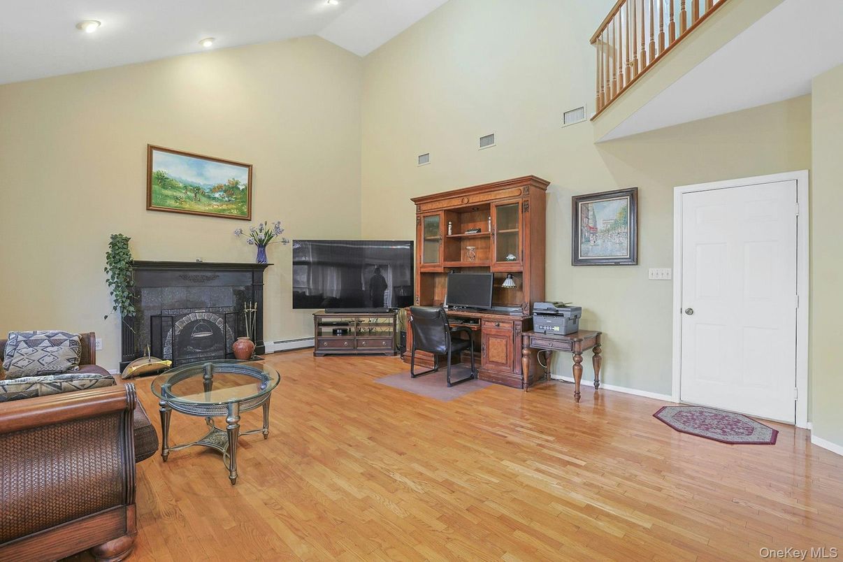 Fireplace, Home Office, Interior, Recessed Lighting, Wood Texture Flooring
