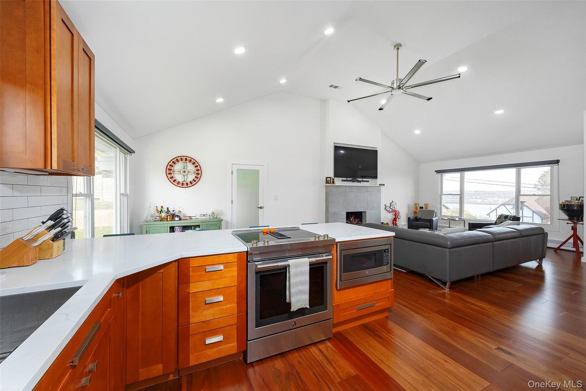 Fireplace, Interior, Kitchen, Living room, Pendant Lights, Recessed Lighting, Wood Texture Flooring