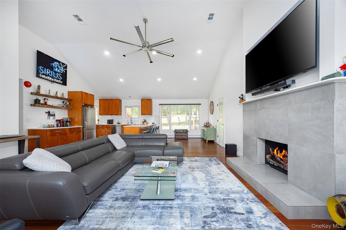 Fireplace, Interior, Kitchen, Living room, Pendant Lights, Recessed Lighting, Wood Texture Flooring