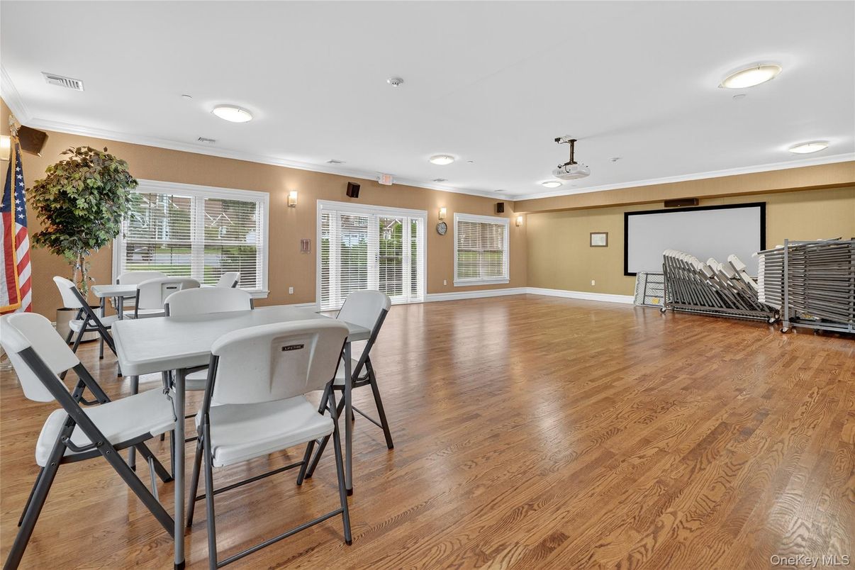 Dining room, Interior, Projection Screen, Recessed Lighting, Wood Texture Flooring