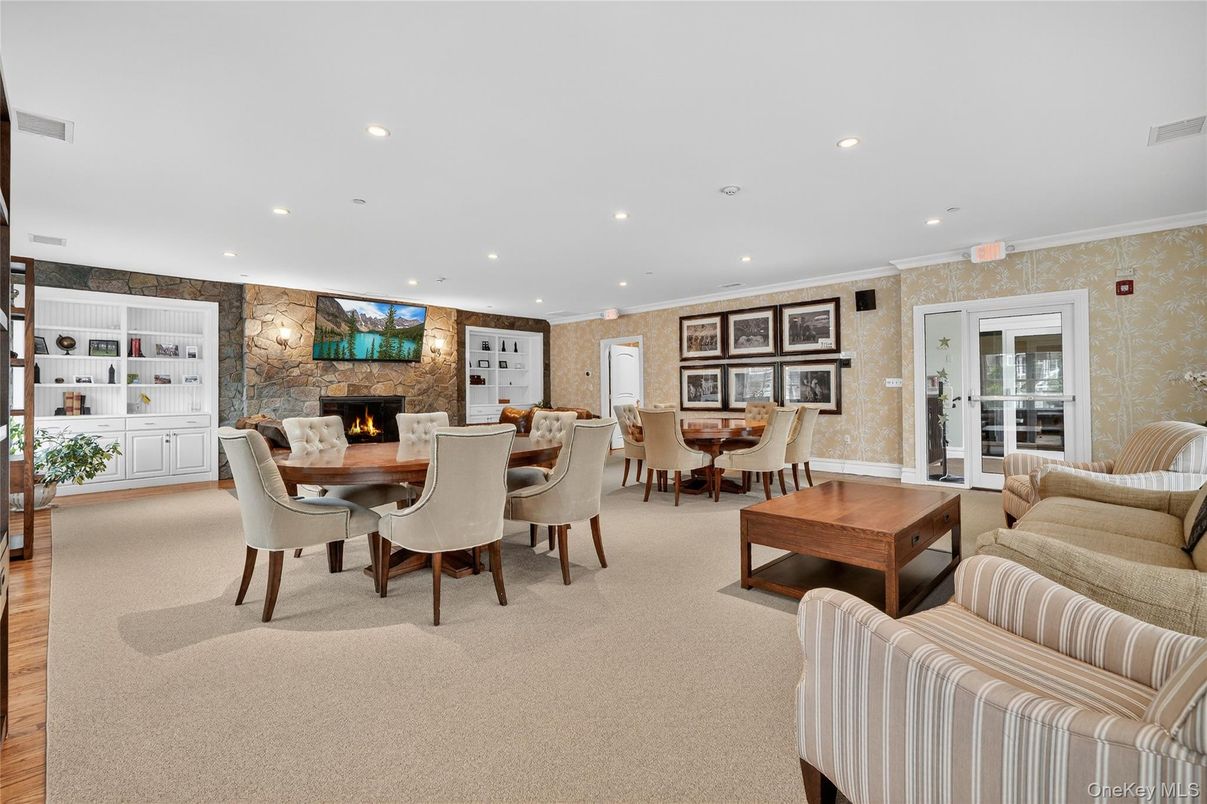 Dining room, Fireplace, Interior, Living room, Recessed Lighting, Stone Walls