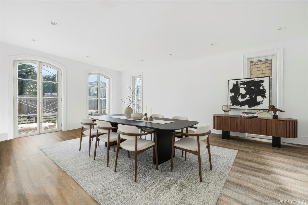 Dining room, Interior, Recessed Lighting, Wood Texture Flooring