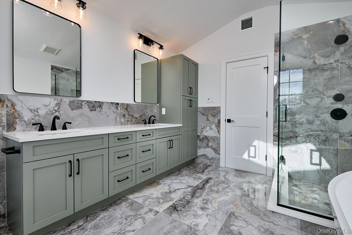 Bathroom, Dual Sink Vanities, Glass Shower, Interior, Marble, Marble Walls