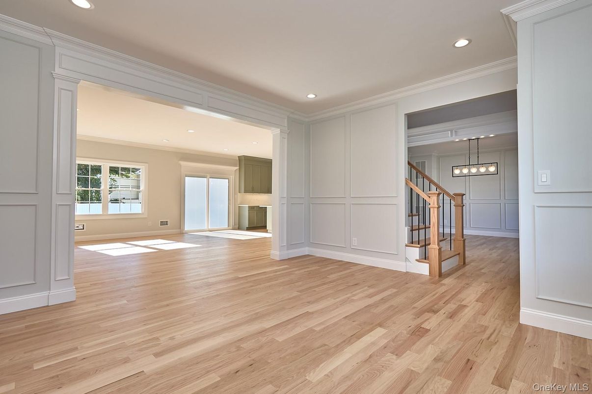 Empty room, Interior, Pendant Lights, Recessed Lighting, Wood Texture Flooring