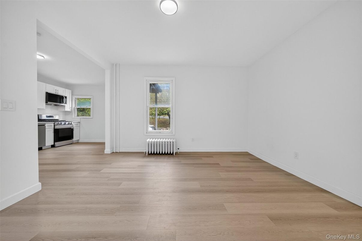 Empty room, Interior, Kitchen, Stainless Steel Appliances, Wood Texture Flooring