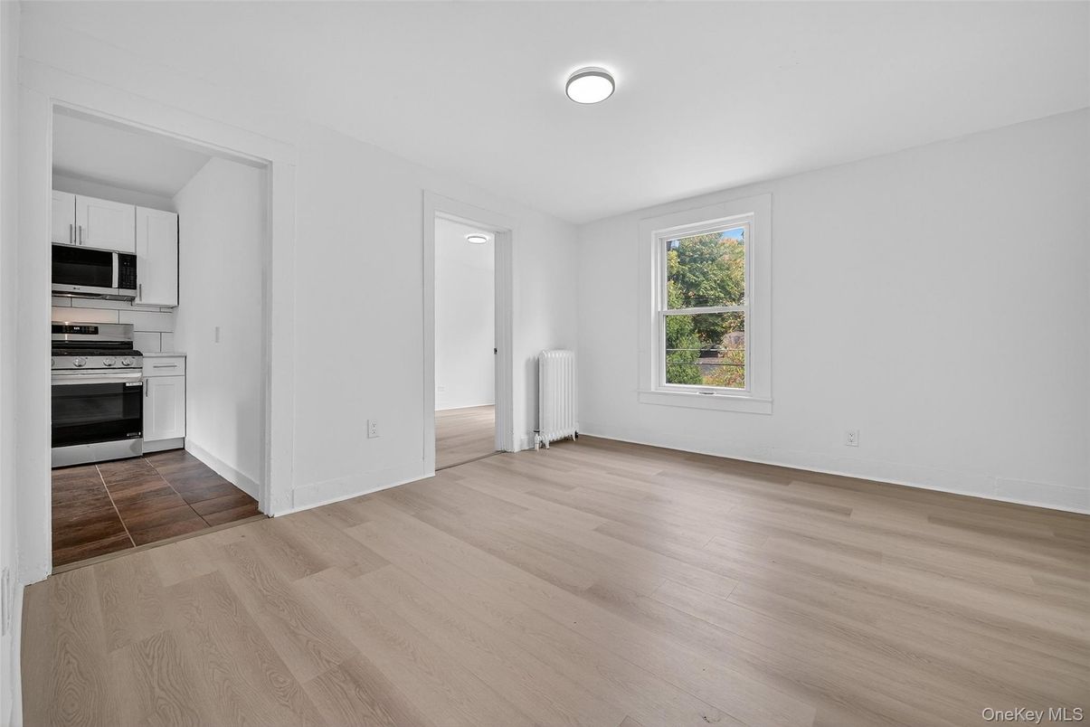 Empty room, Interior, Kitchen, Stainless Steel Appliances, Wood Texture Flooring