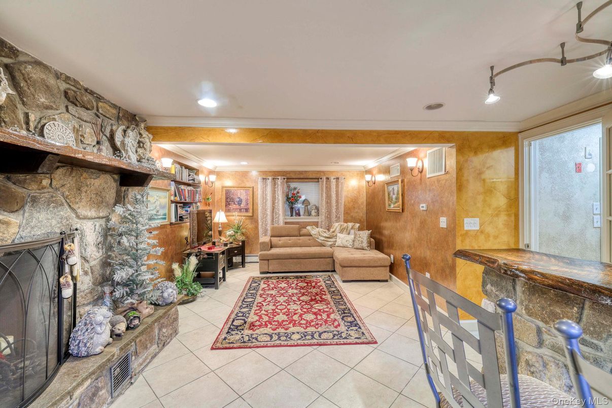 Interior, Living room, Recessed Lighting, Stone Walls, Wooden Walls