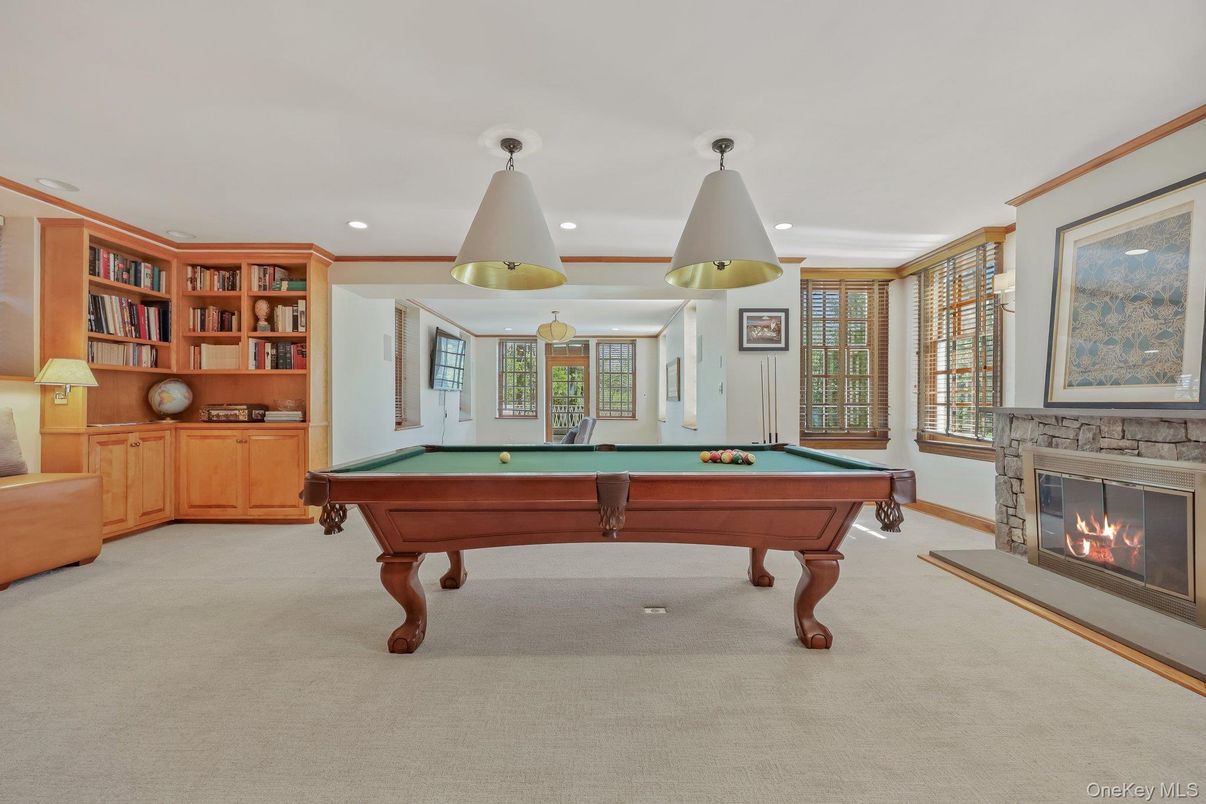 Billiard Table, Fireplace, Game Room, Interior, Pendant Lights, Recessed Lighting