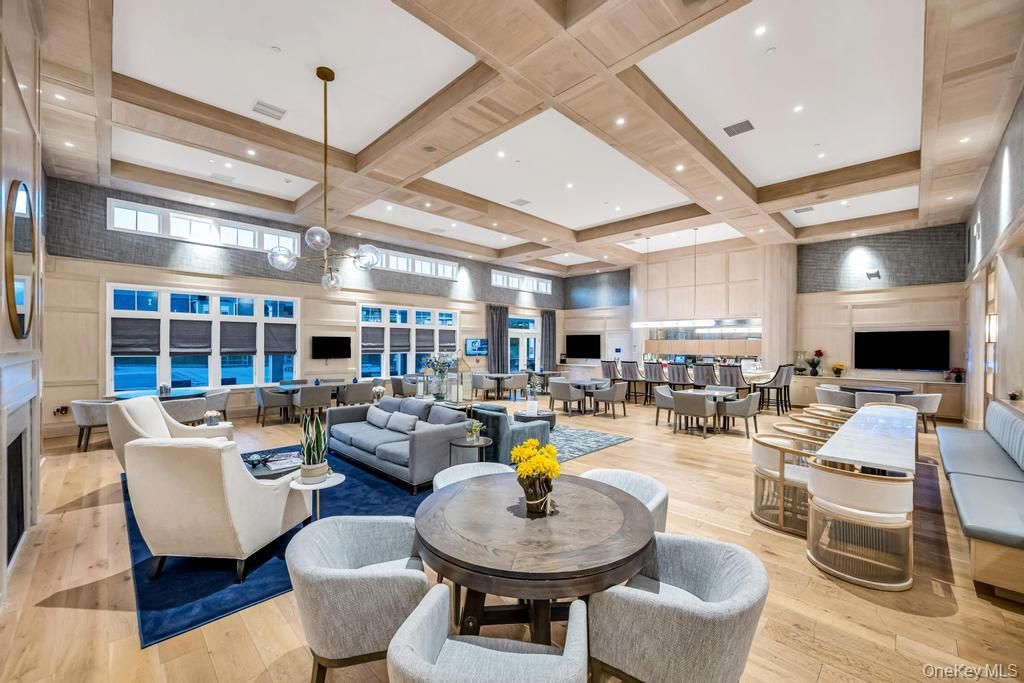 Dining room, Fireplace, Interior, Living room, Pendant Lights, Recessed Lighting, Wood Texture Flooring