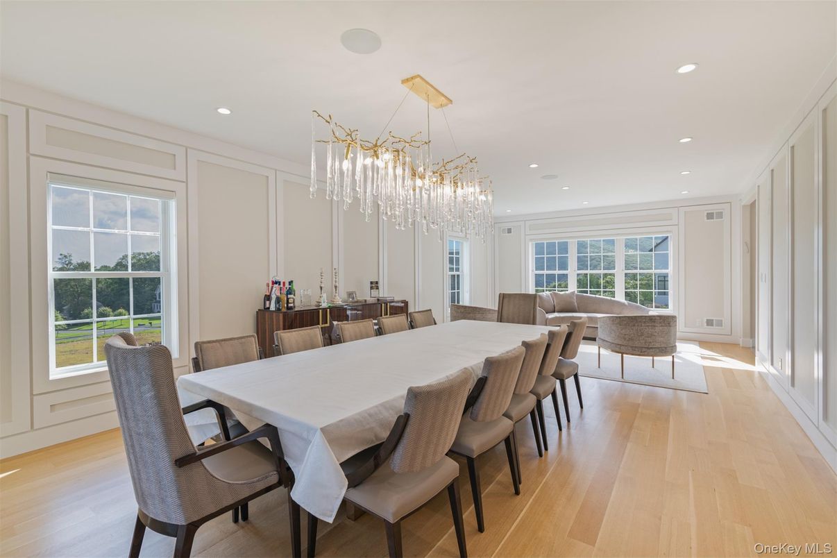 Dining room, Interior, Pendant Lights, Recessed Lighting, Wood Texture Flooring