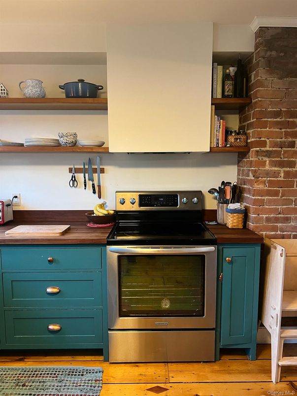 Interior, Kitchen, Stainless Steel Appliances, Stone Walls, Wood Texture Flooring