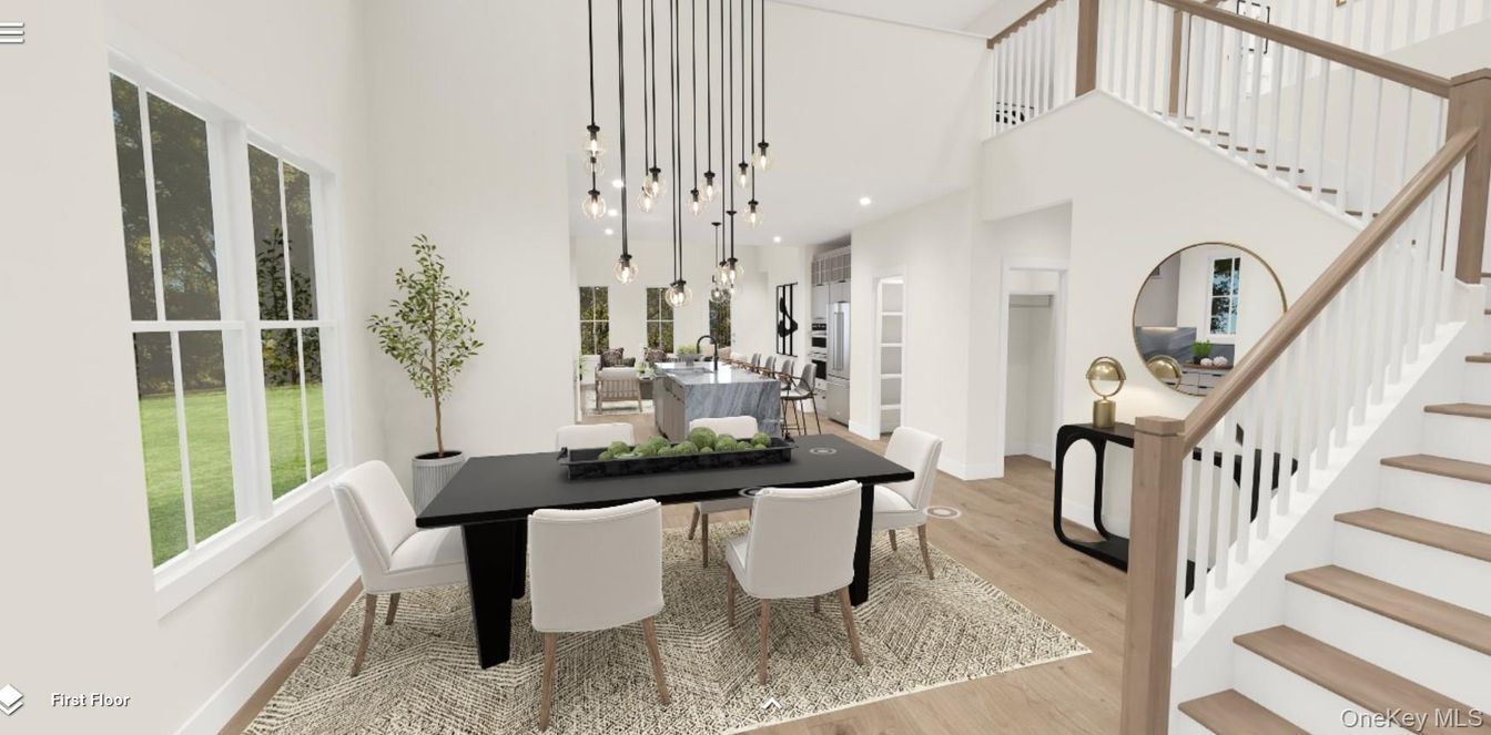 Dining room, Interior, Pendant Lights, Recessed Lighting, Wood Texture Flooring