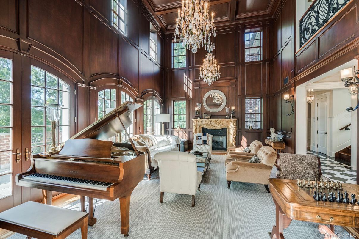 Chandelier, Fireplace, Interior, Living room, Piano, Wooden Walls