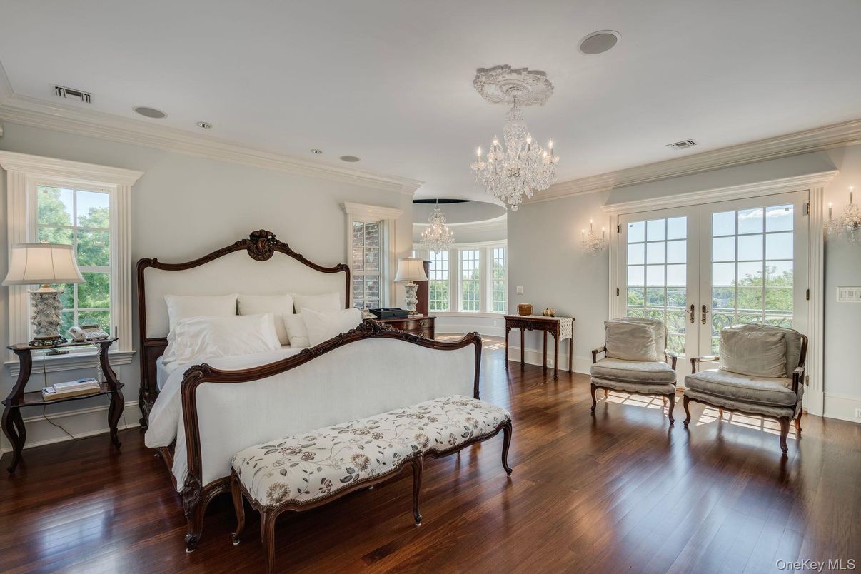 Bedroom, Chandelier, Interior, Recessed Lighting, Wood Texture Flooring
