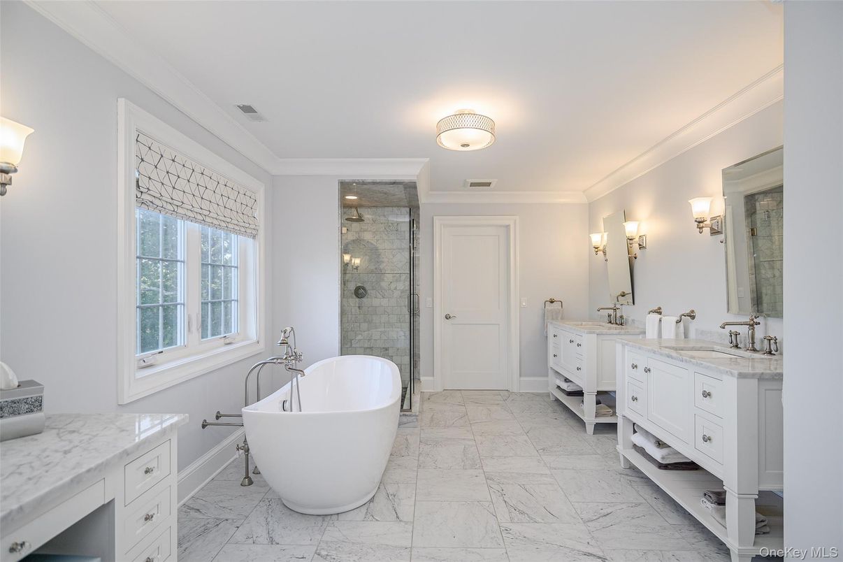 Bathroom, Dual Sink Vanities, Free Standing Baths, Glass Shower, Interior, Marble