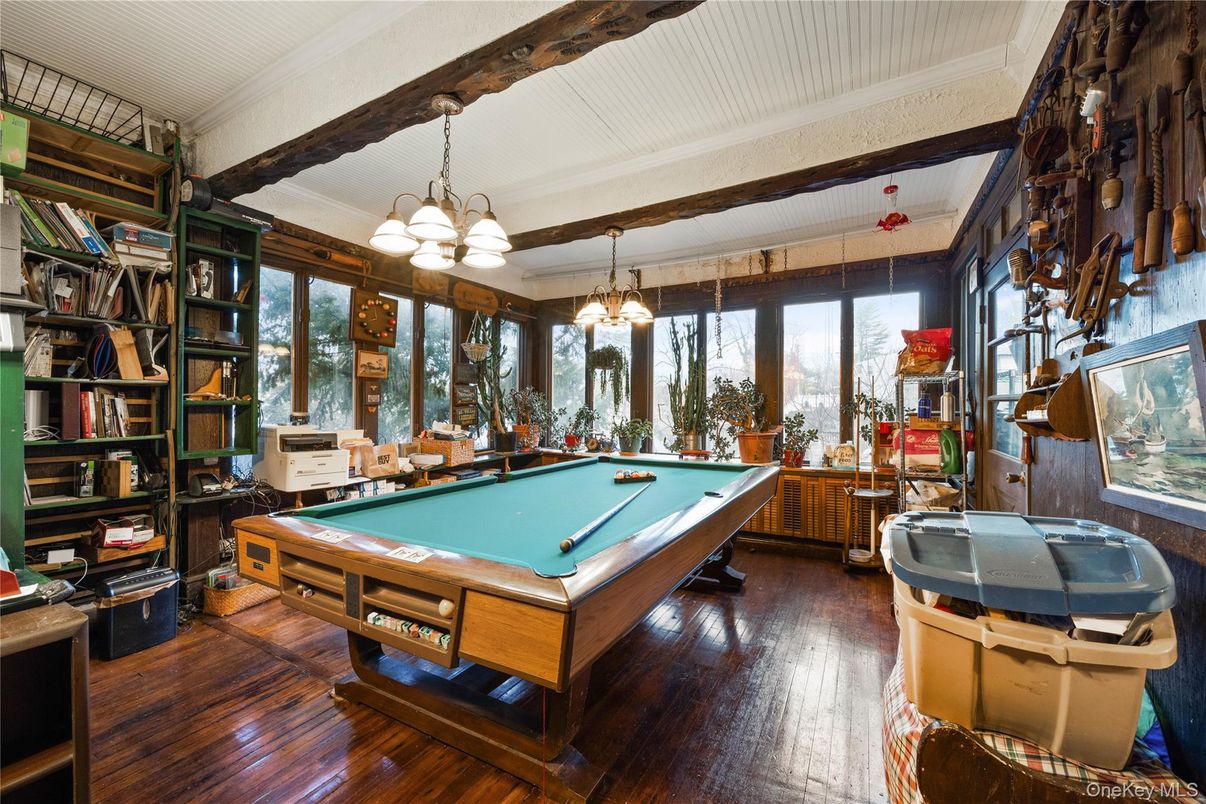 Billiard Table, Chandelier, Game Room, Interior, Wood Texture Flooring