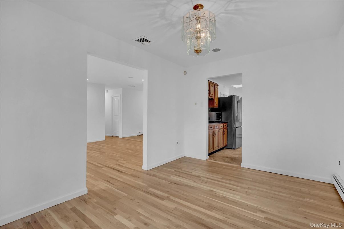 Chandelier, Empty room, Interior, Kitchen, Recessed Lighting, Wood Texture Flooring