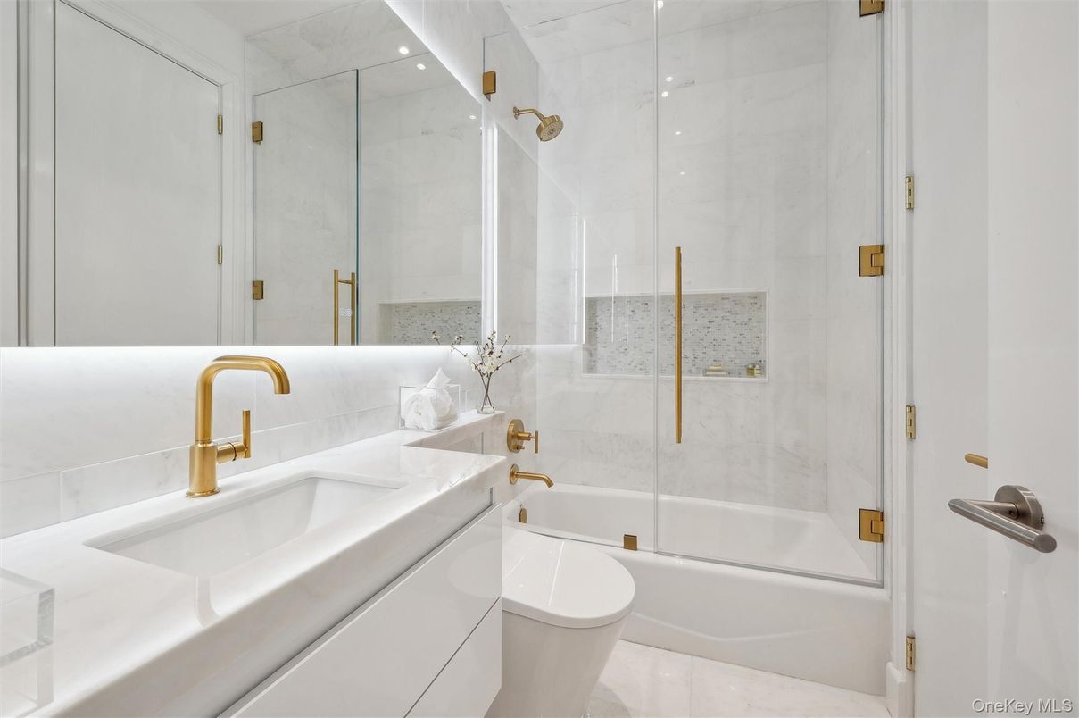 Bathroom, Glass Shower, Interior, Marble Walls, Recessed Lighting